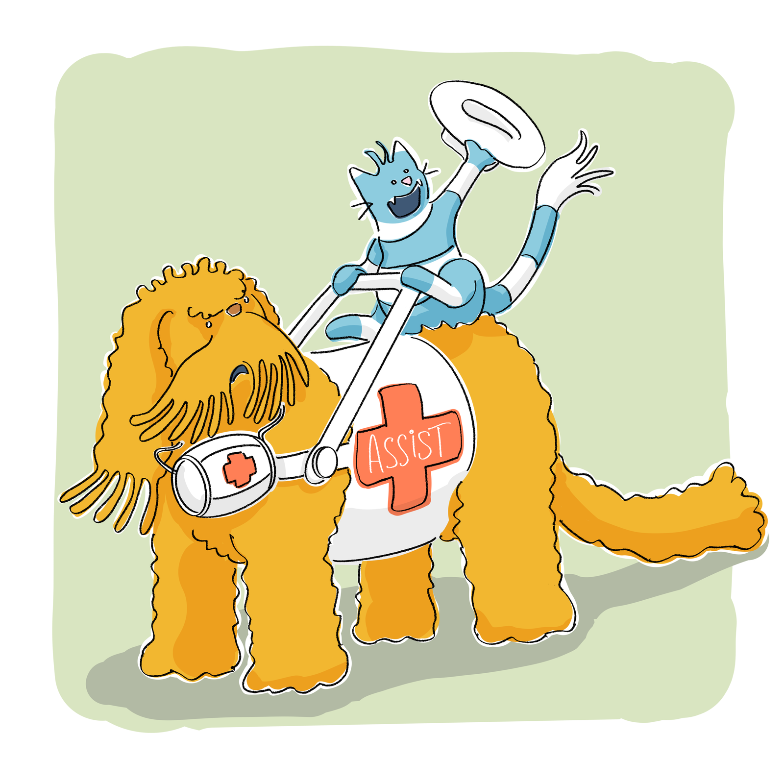 Illustration: Hund mit Assistenzweste, auf dem Rücken sitzt eine Katze