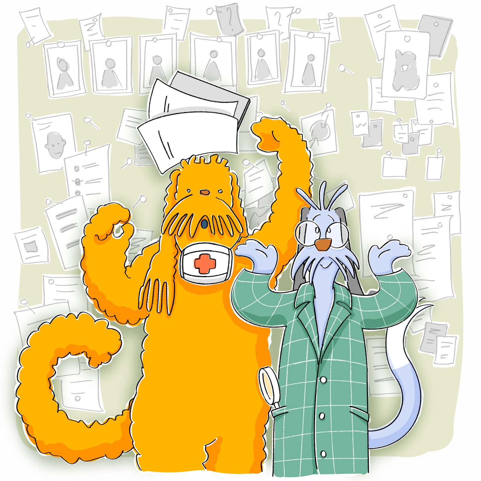 Illustration: zwei Figuren sitzen am Tisch und sprechen miteinander